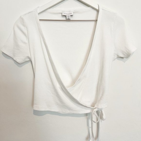 Topshop Tops - TOPSHOP wrap crossover tie front rib short sleeve crop top shirt white size 12